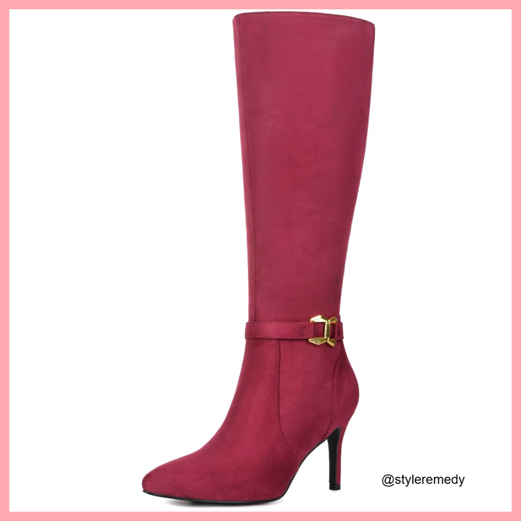 Faux Suede Knee High Boots With Stiletto Heel And Buckle Decor